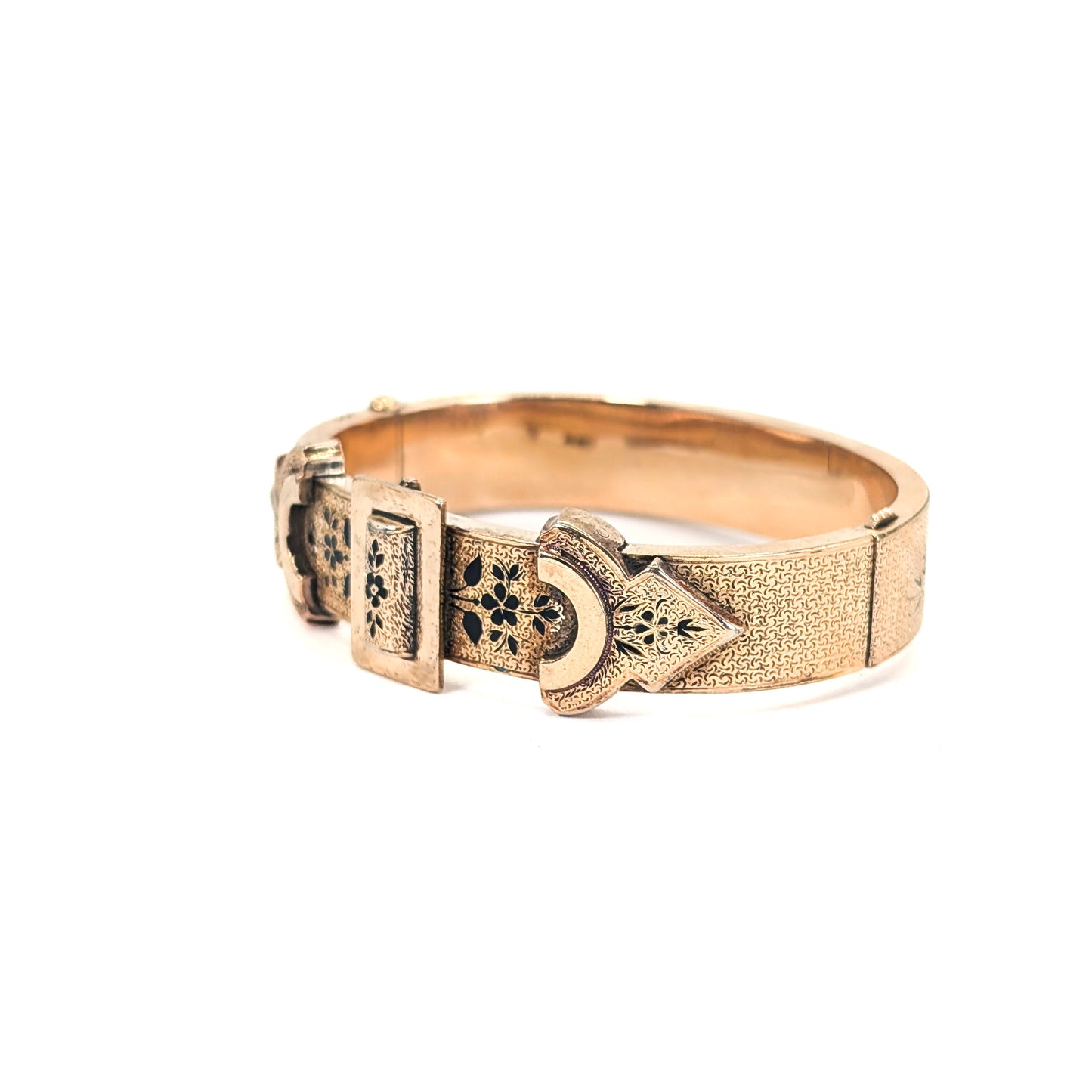 Victorian 14K Gold Engraved Buckle Bangle with Enamel Accents. Hinged Antique Bracelet