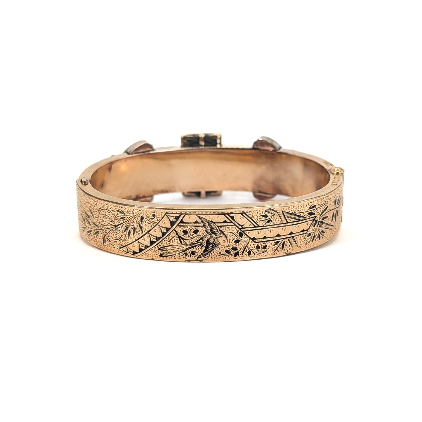 Victorian 14K Gold Engraved Buckle Bangle with Enamel Accents. Hinged Antique Bracelet
