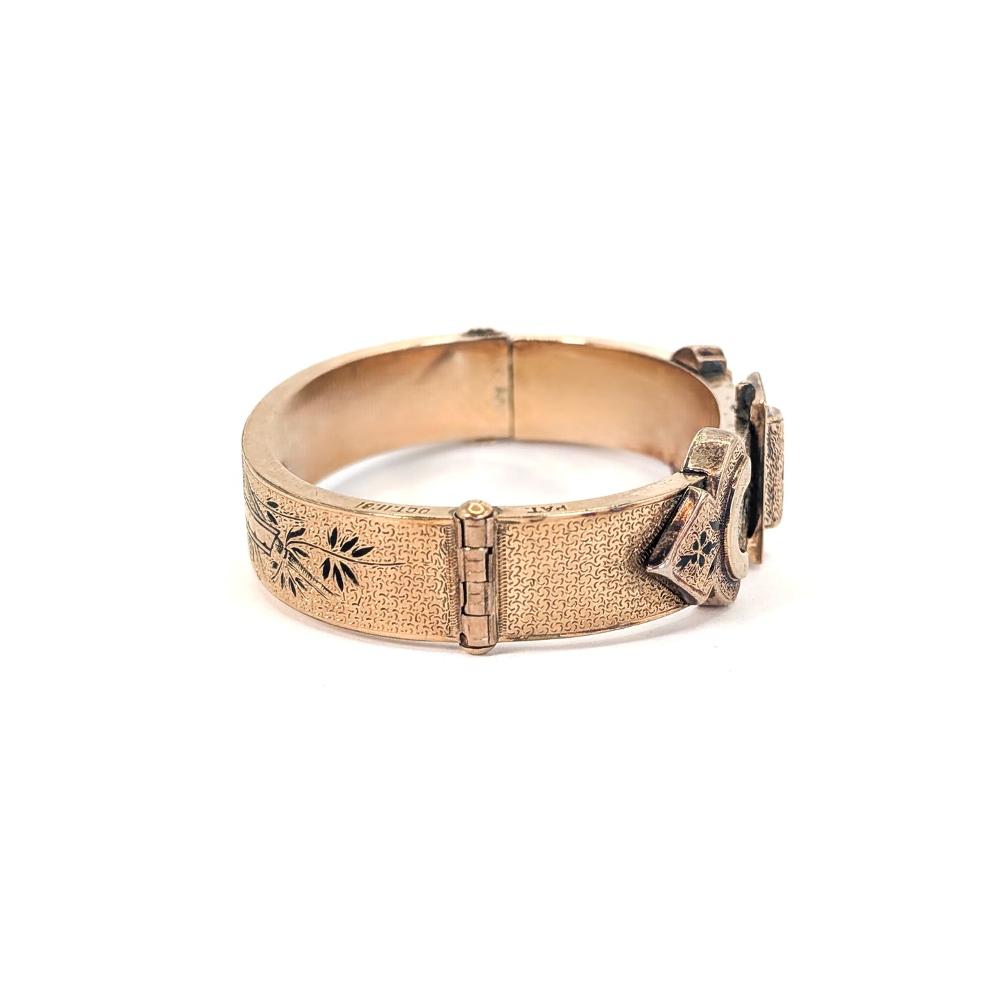 Victorian 14K Gold Engraved Buckle Bangle with Enamel Accents. Hinged Antique Bracelet