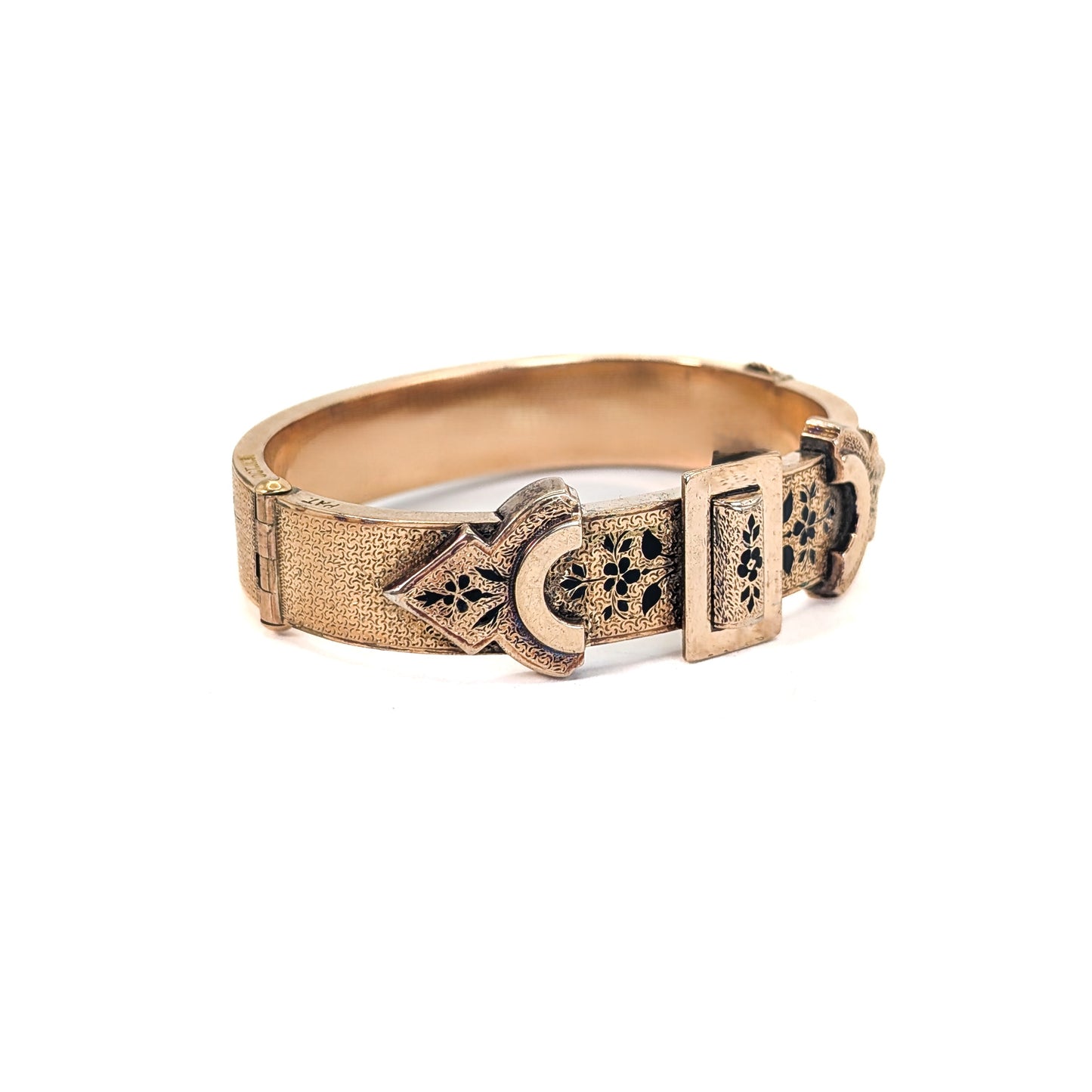 Victorian 14K Gold Engraved Buckle Bangle with Enamel Accents. Hinged Antique Bracelet
