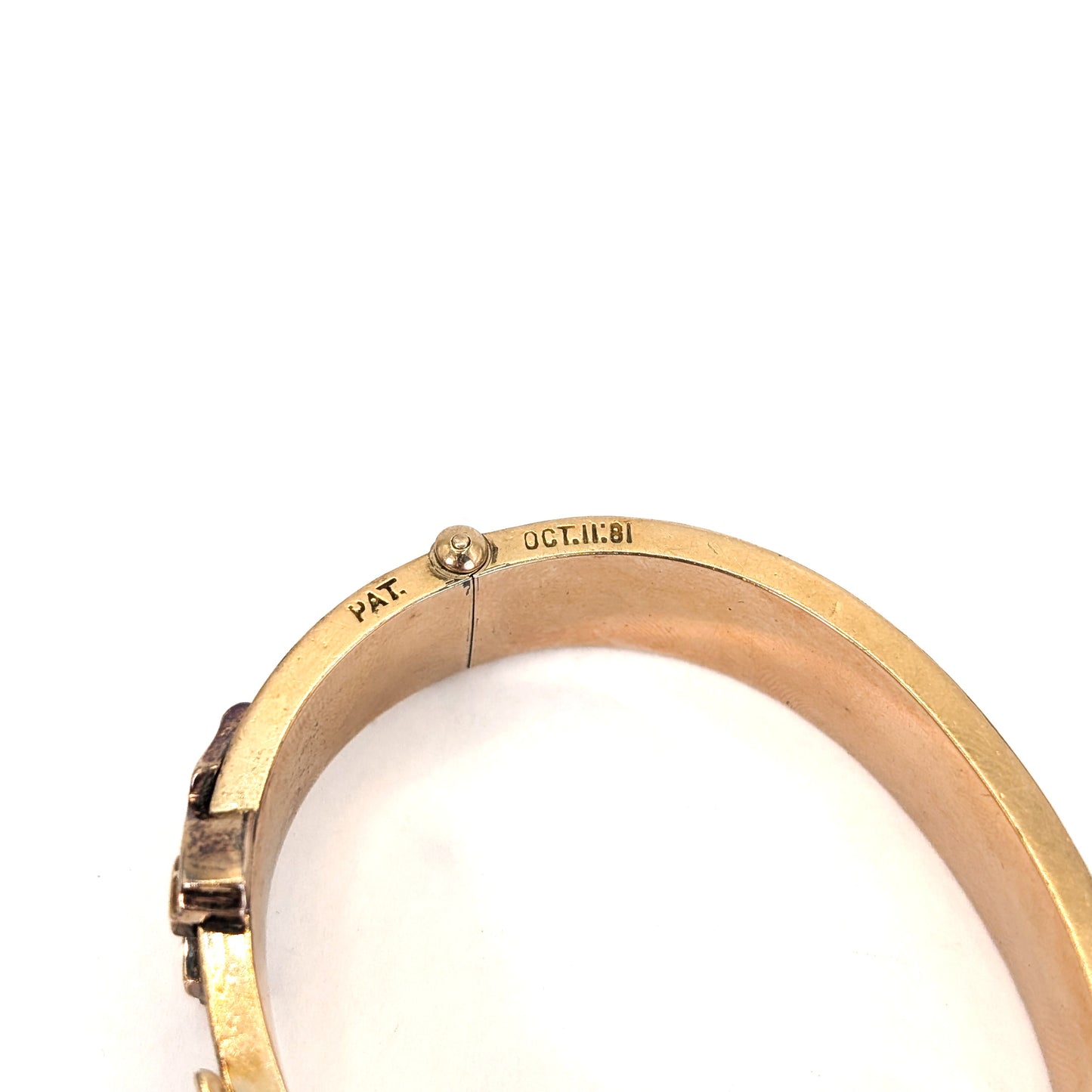 Victorian 14K Gold Engraved Buckle Bangle with Enamel Accents. Hinged Antique Bracelet