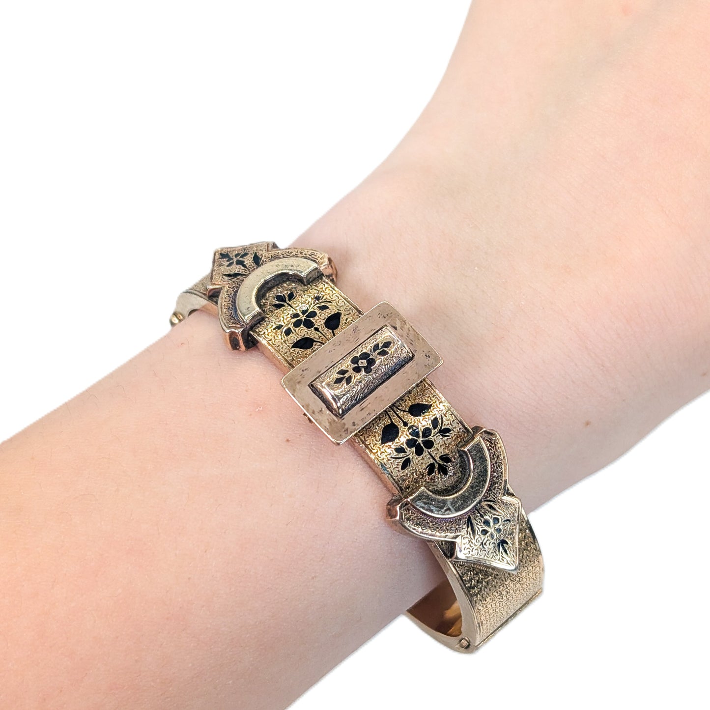 Victorian 14K Gold Engraved Buckle Bangle with Enamel Accents. Hinged Antique Bracelet