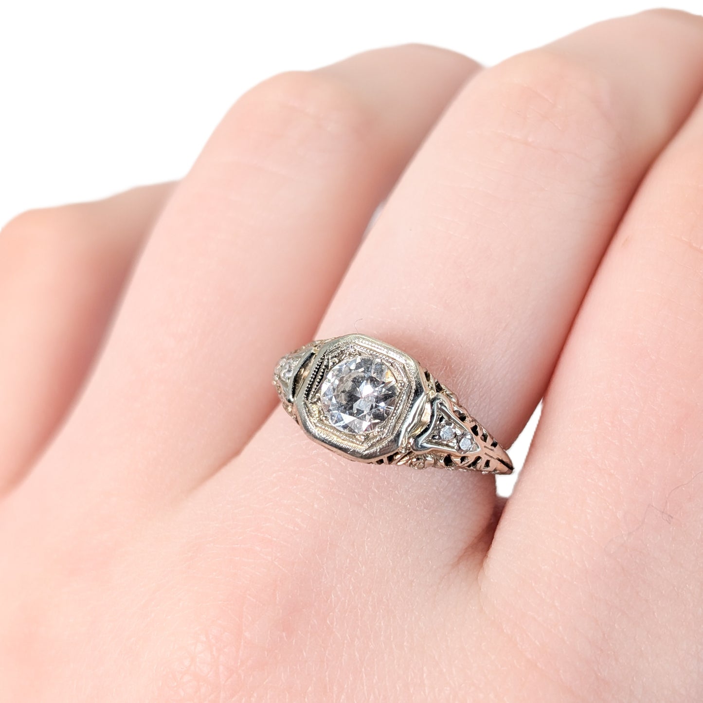 Antique Art Deco 18K White Gold Old European Cut Diamond Ring