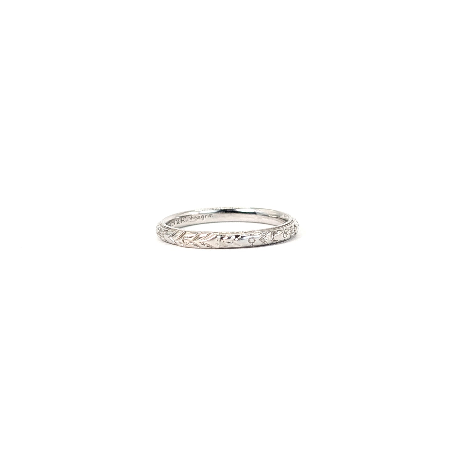 Art Deco 18K White Gold Lohengrin Engraved Band Ring