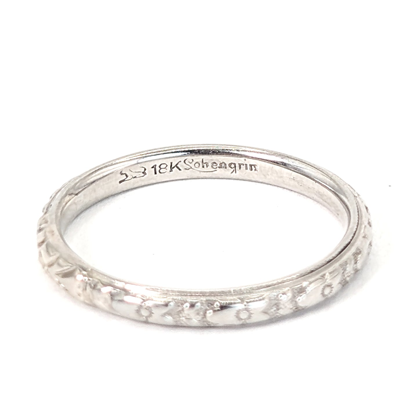 Art Deco 18K White Gold Lohengrin Engraved Band Ring
