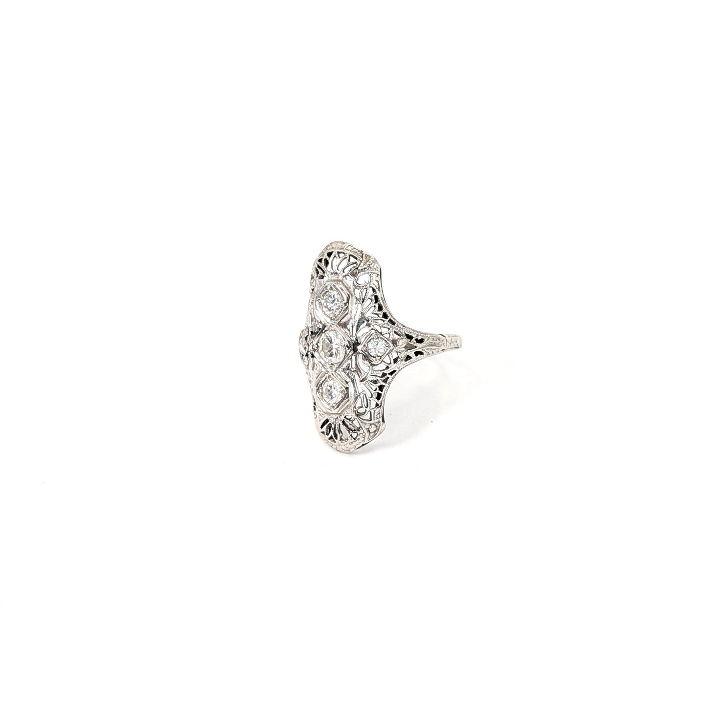 Antique Art Deco 18K White Gold Diamond Shield Dinner Ring – Filigree Old European Cut Diamonds