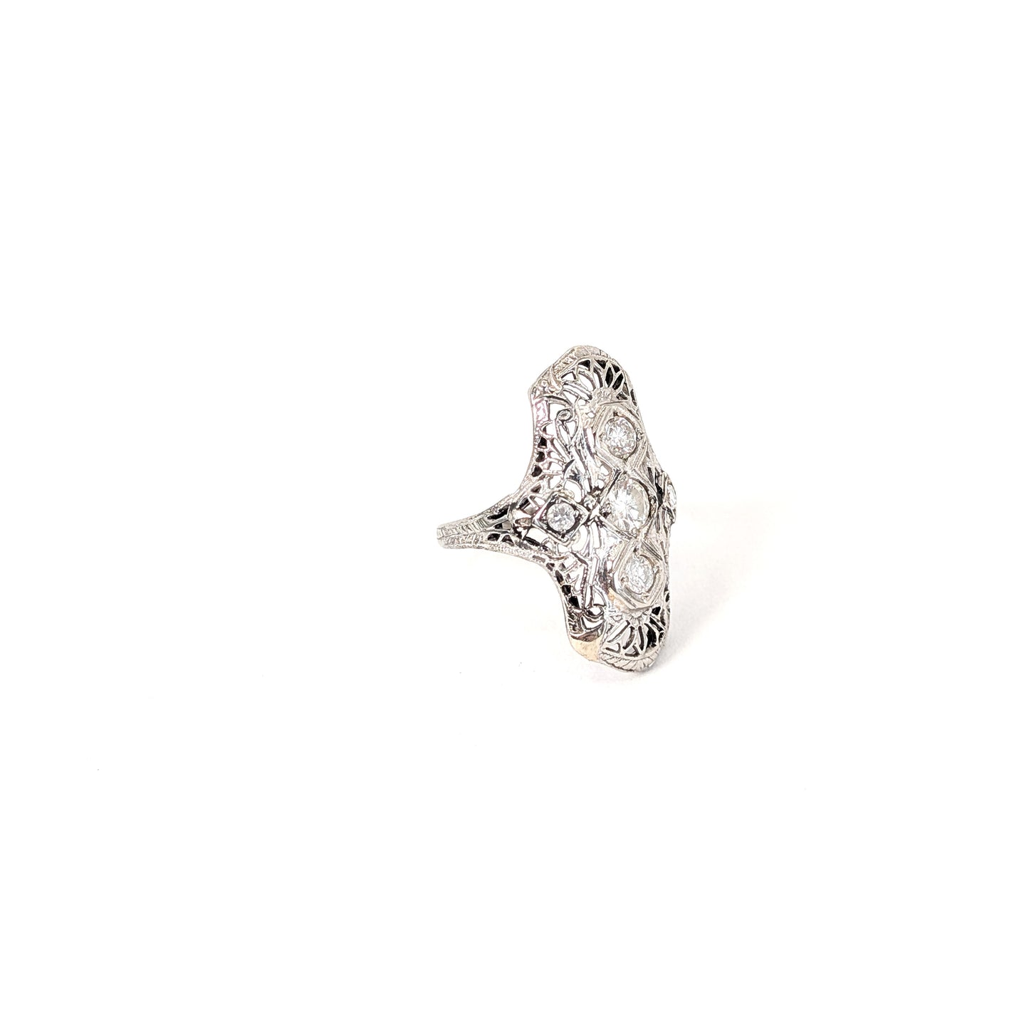 Antique Art Deco 18K White Gold Diamond Shield Dinner Ring – Filigree Old European Cut Diamonds