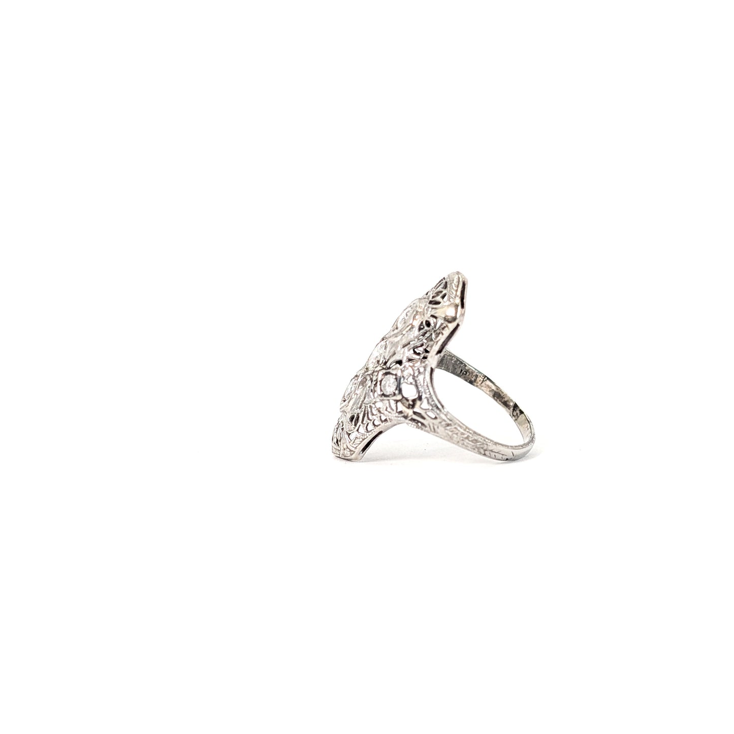 Antique Art Deco 18K White Gold Diamond Shield Dinner Ring – Filigree Old European Cut Diamonds