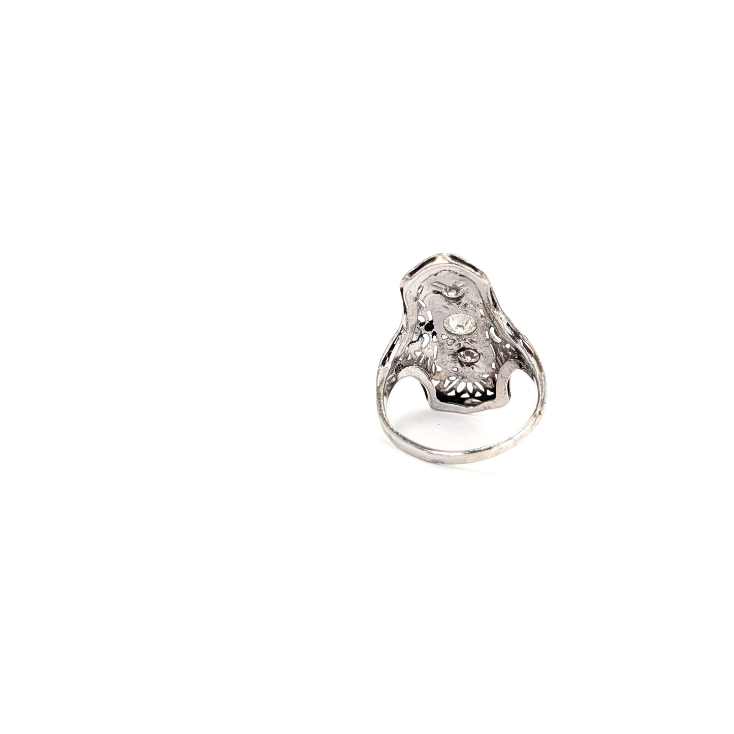 Antique Art Deco 18K White Gold Diamond Shield Dinner Ring – Filigree Old European Cut Diamonds