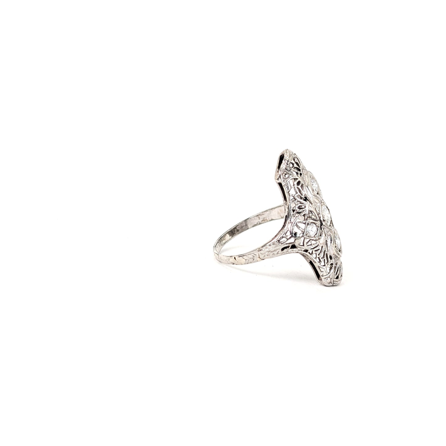 Antique Art Deco 18K White Gold Diamond Shield Dinner Ring – Filigree Old European Cut Diamonds