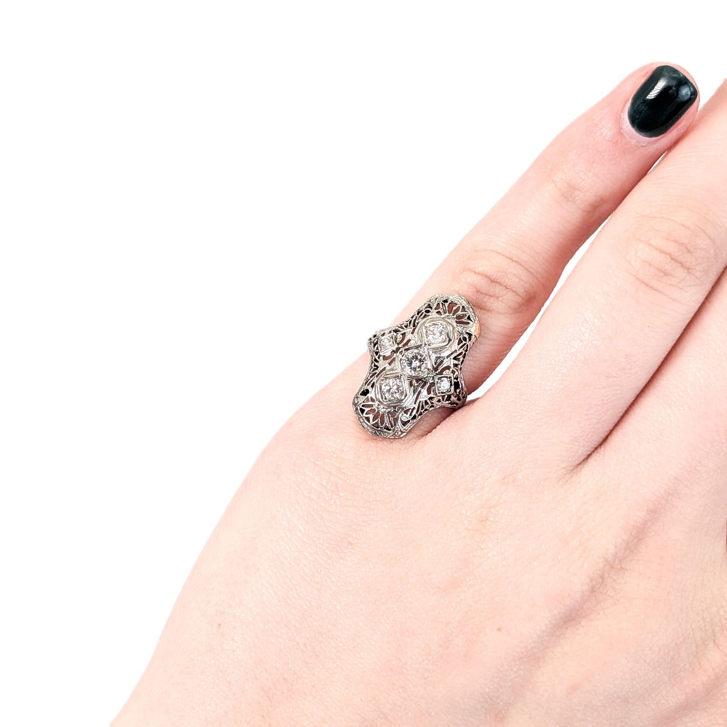 Antique Art Deco 18K White Gold Diamond Shield Dinner Ring – Filigree Old European Cut Diamonds
