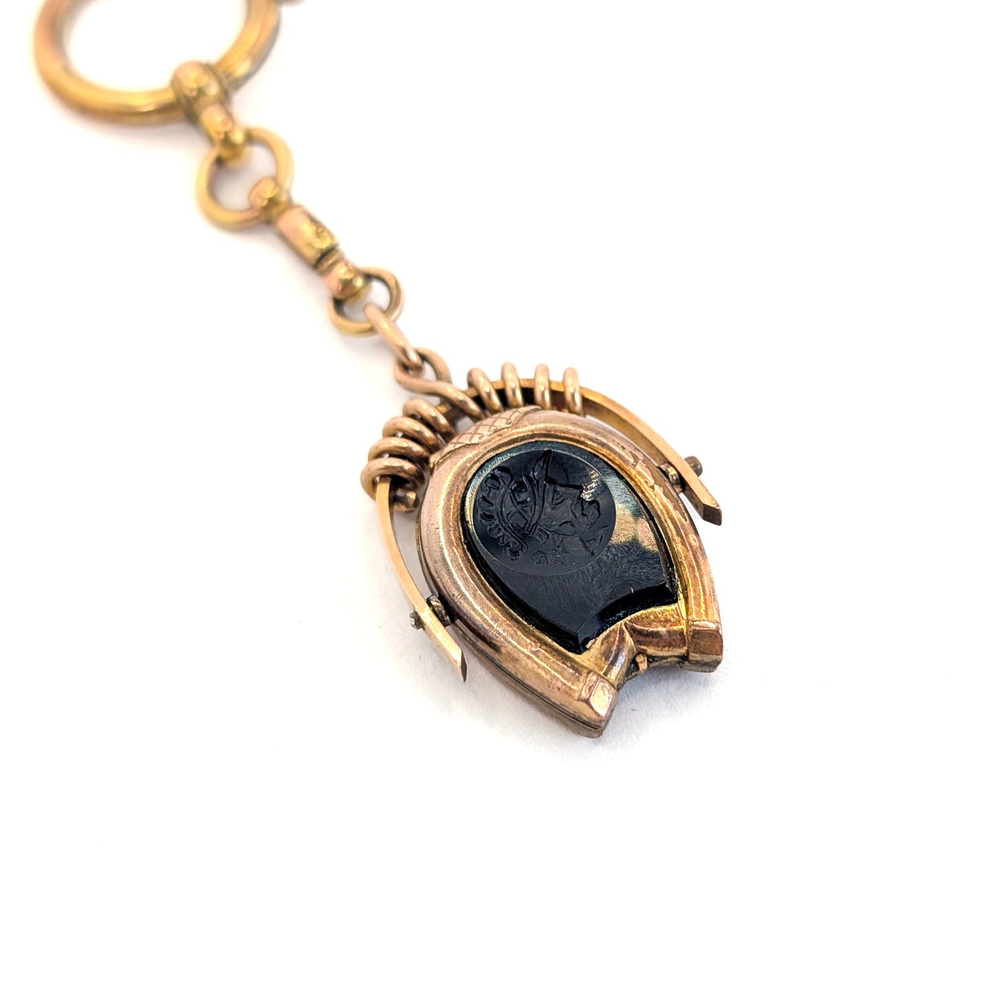 Antique 9K Gold Horseshoe Onyx Intaglio Watch Fob Pendant Locket