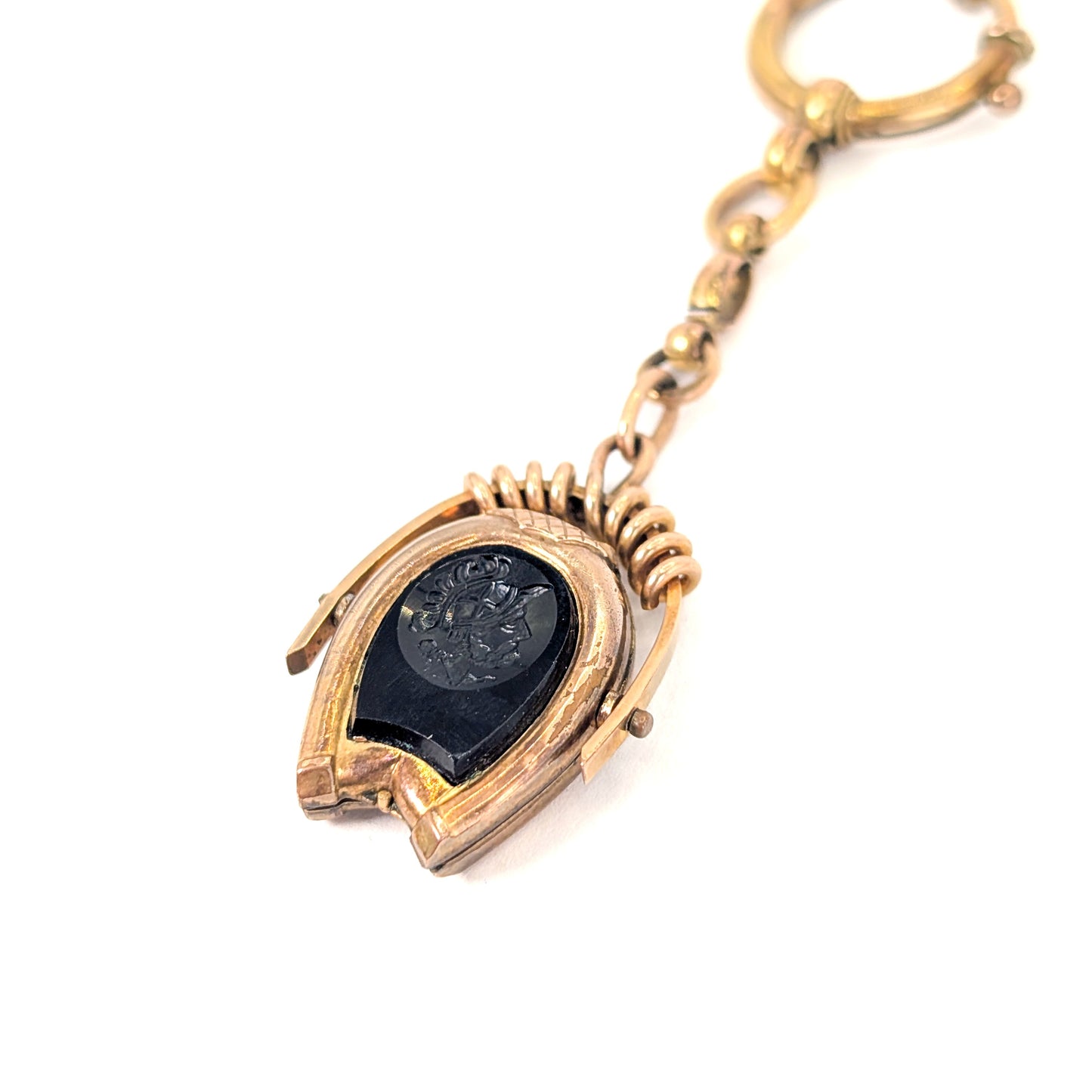 Antique 9K Gold Horseshoe Onyx Intaglio Watch Fob Pendant Locket