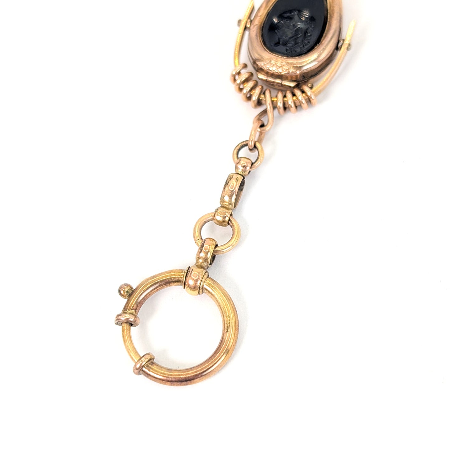 Antique 9K Gold Horseshoe Onyx Intaglio Watch Fob Pendant Locket