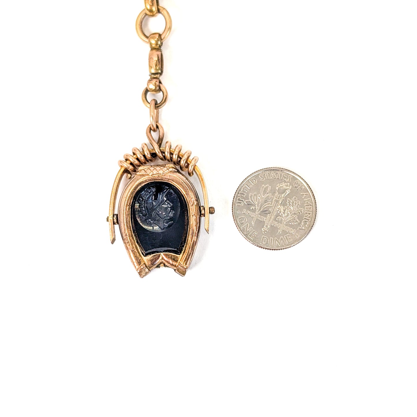 Antique 9K Gold Horseshoe Onyx Intaglio Watch Fob Pendant Locket