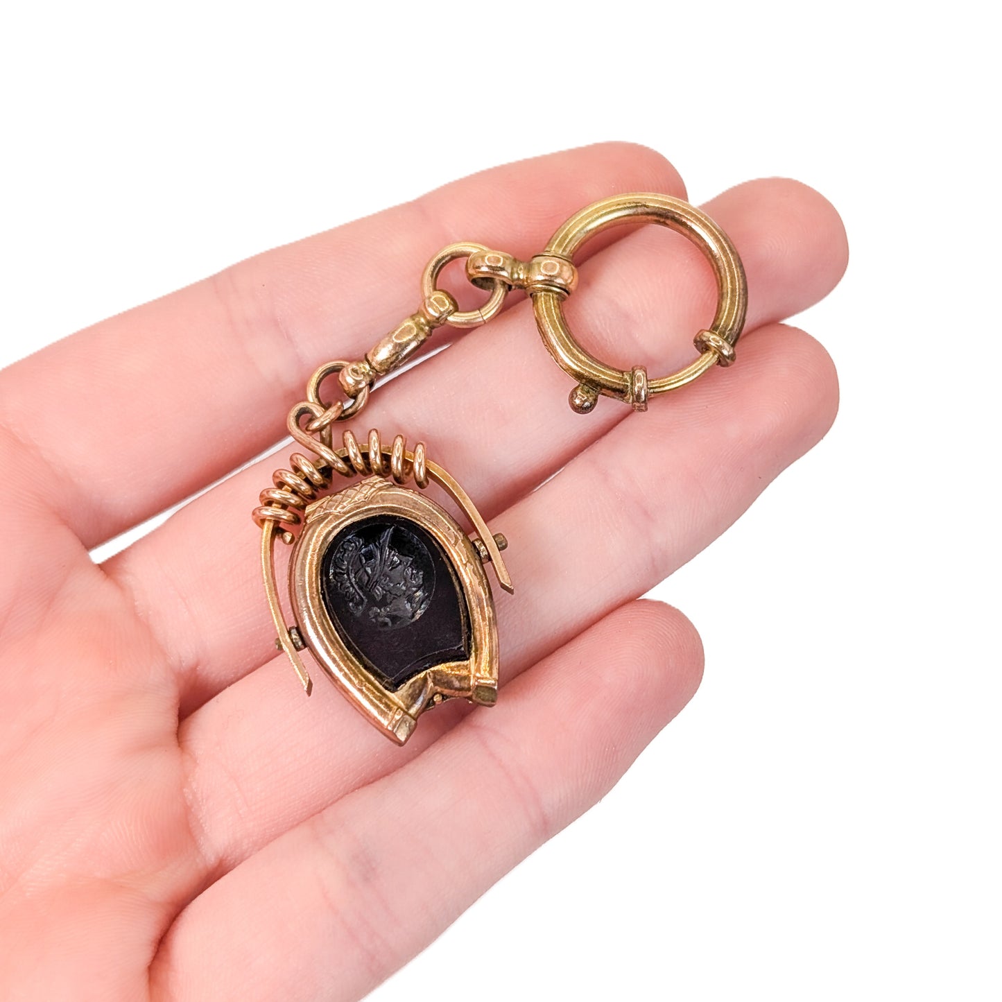Antique 9K Gold Horseshoe Onyx Intaglio Watch Fob Pendant Locket