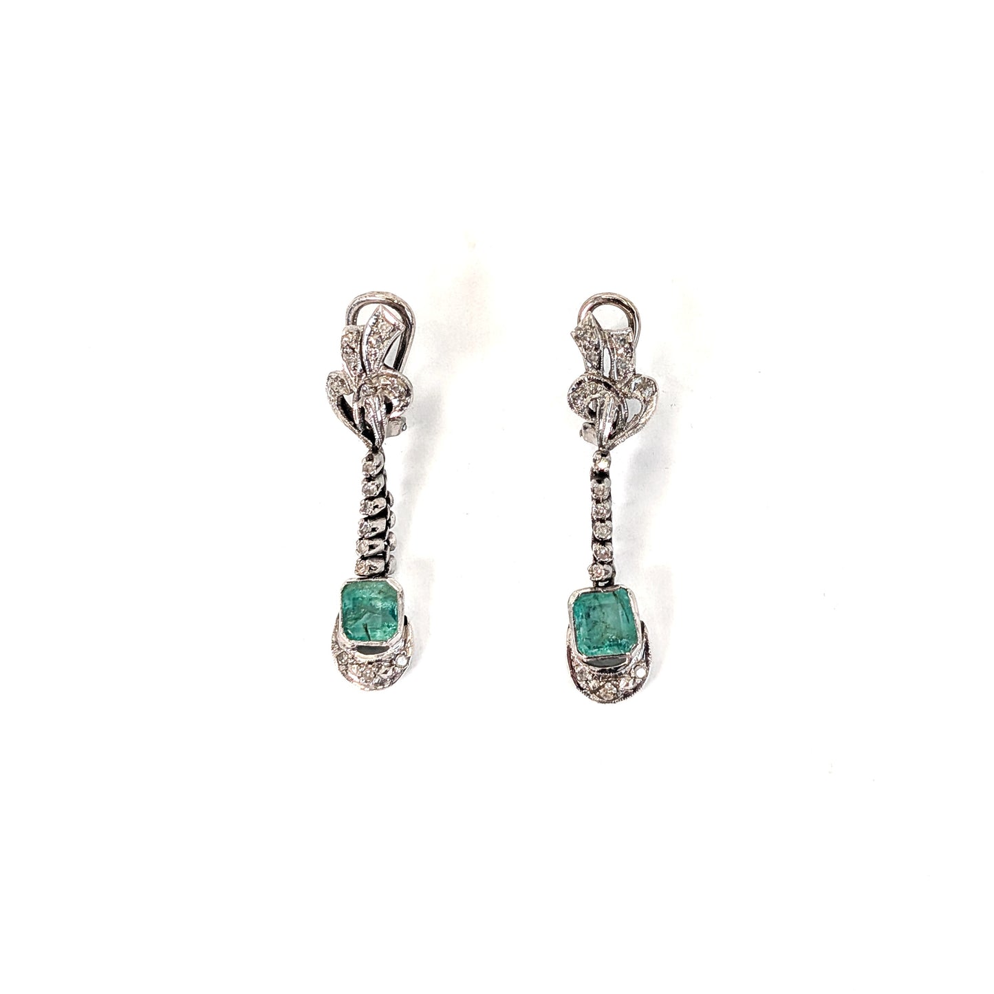 Vintage Palladium Diamond & Emerald Drop Earrings