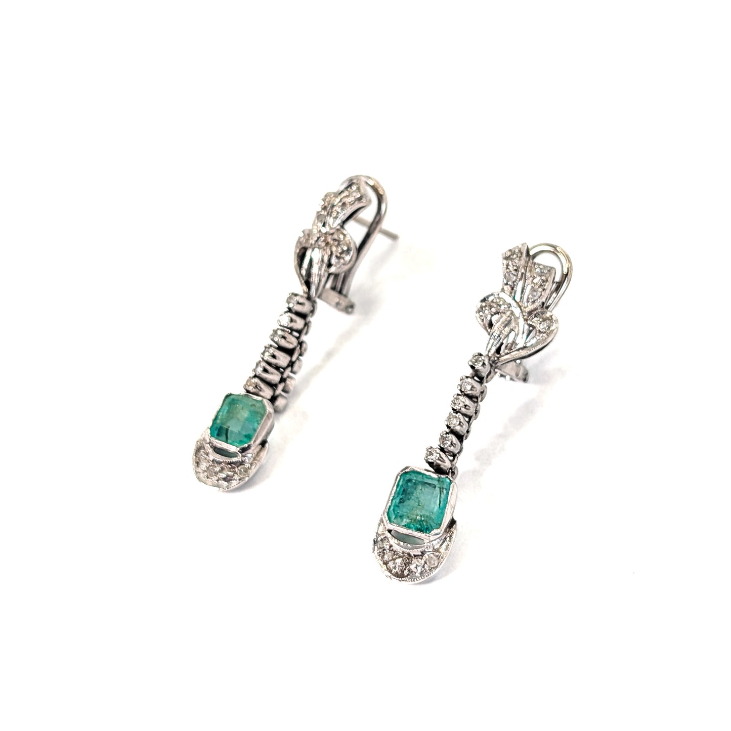 Vintage Palladium Diamond & Emerald Drop Earrings