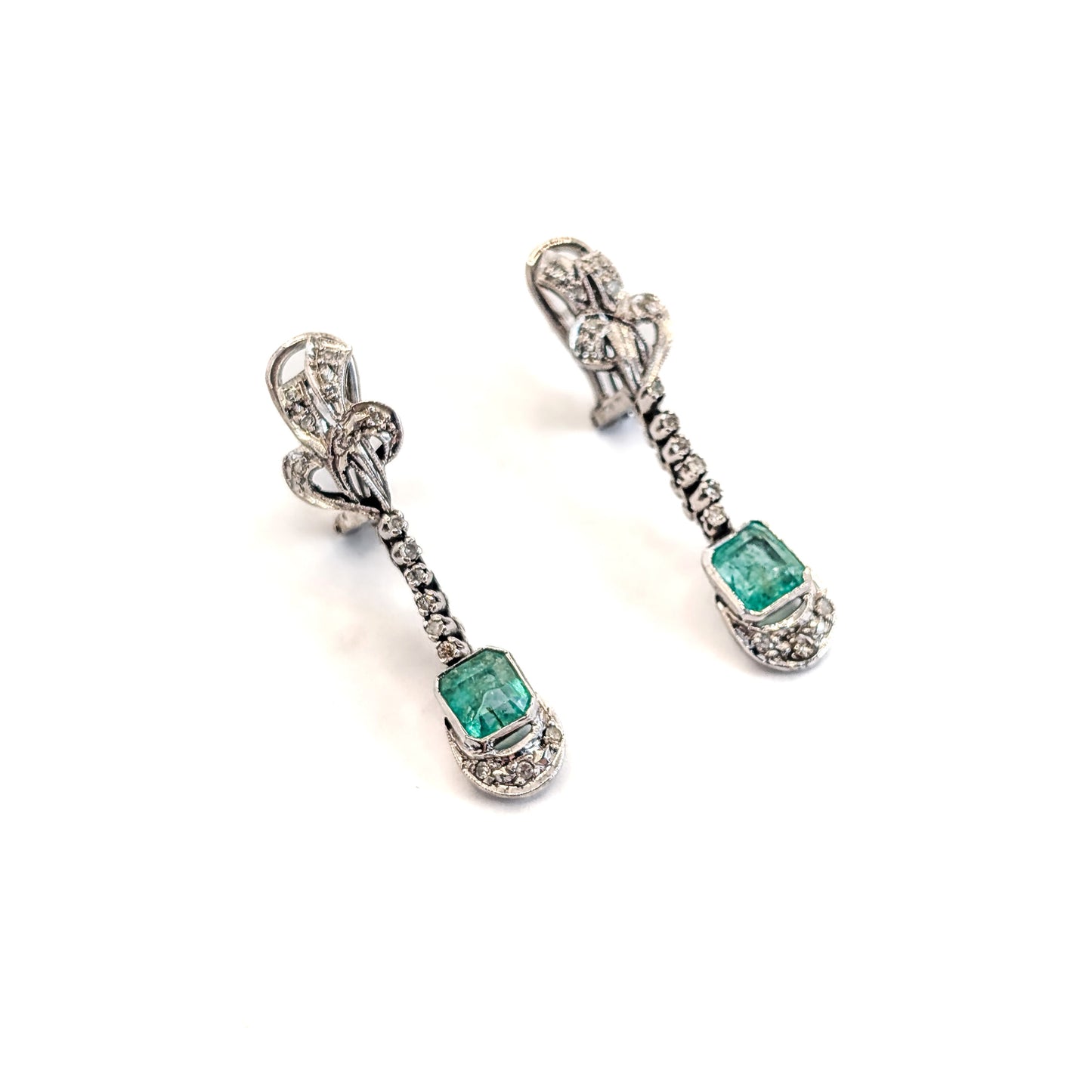 Vintage Palladium Diamond & Emerald Drop Earrings