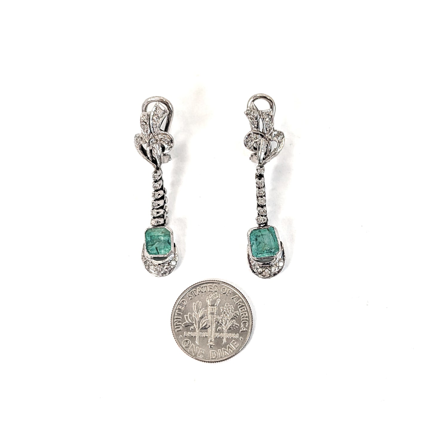 Vintage Palladium Diamond & Emerald Drop Earrings
