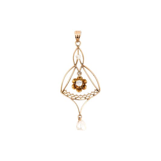 Victorian 10K Gold Diamond & Pearl Floral Lavalier Pendant