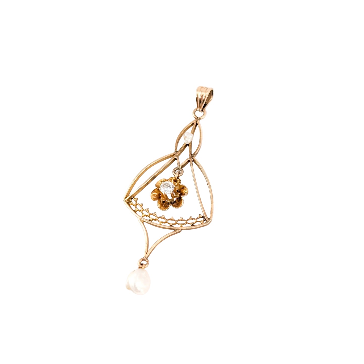Victorian 10K Gold Diamond & Pearl Floral Lavalier Pendant