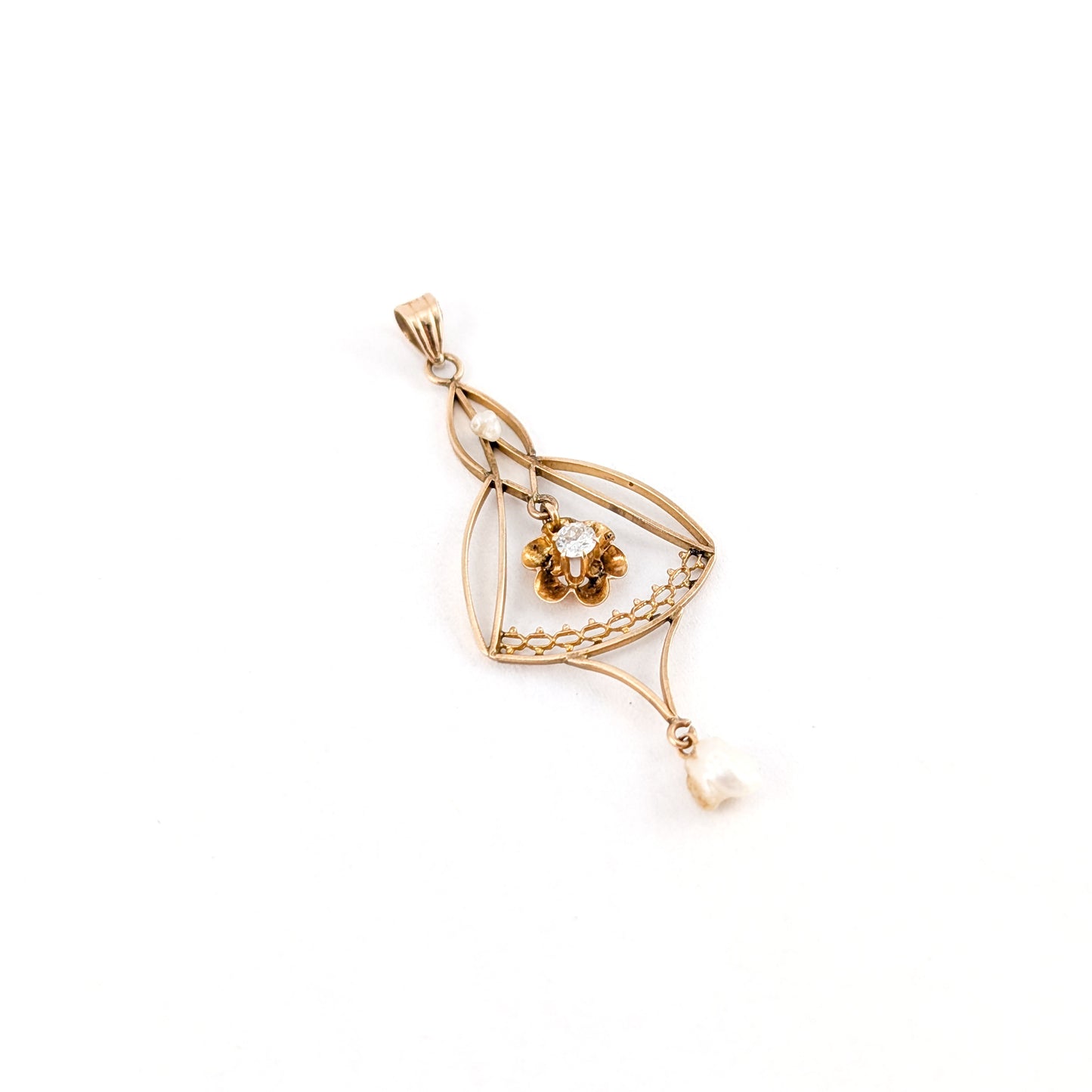 Victorian 10K Gold Diamond & Pearl Floral Lavalier Pendant