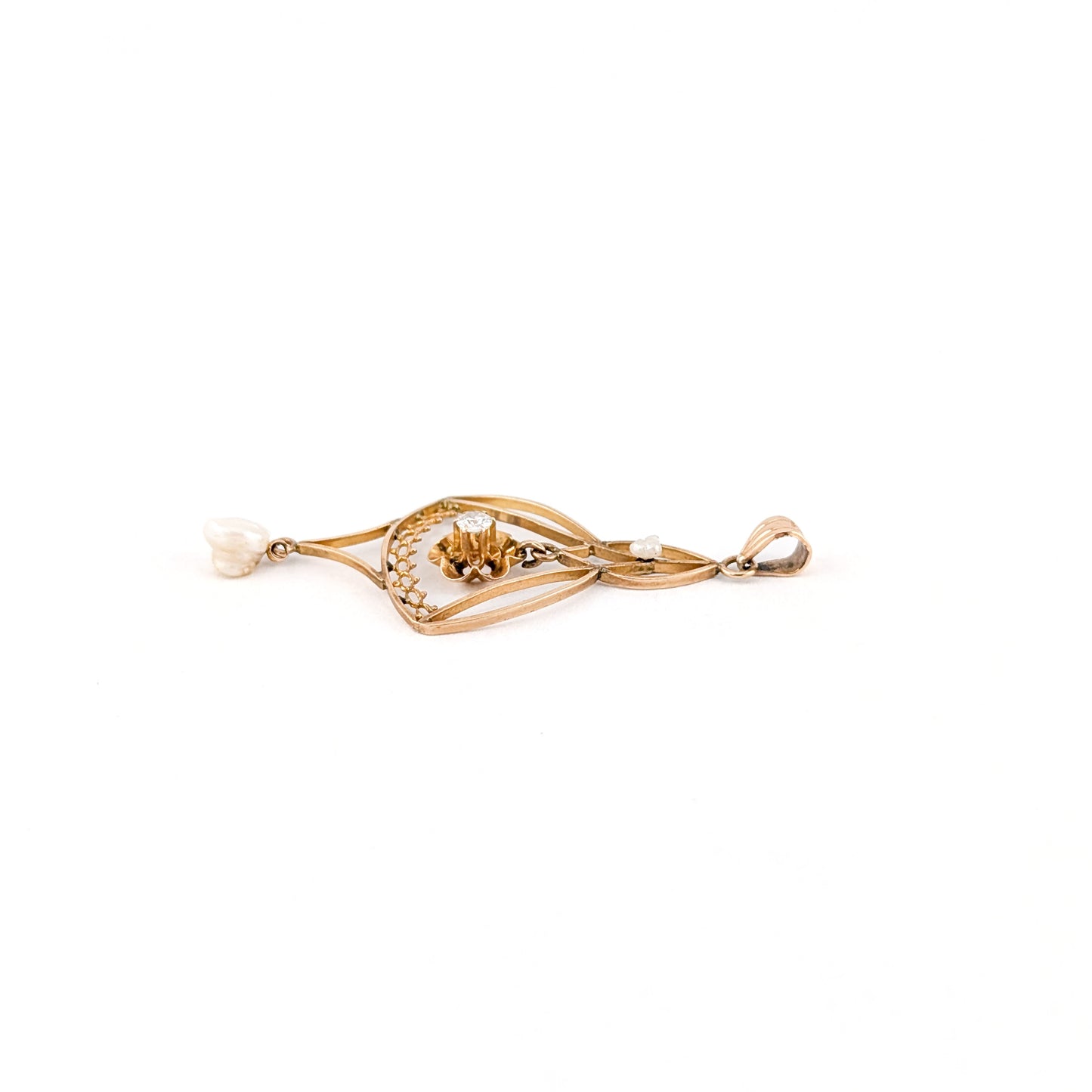 Victorian 10K Gold Diamond & Pearl Floral Lavalier Pendant