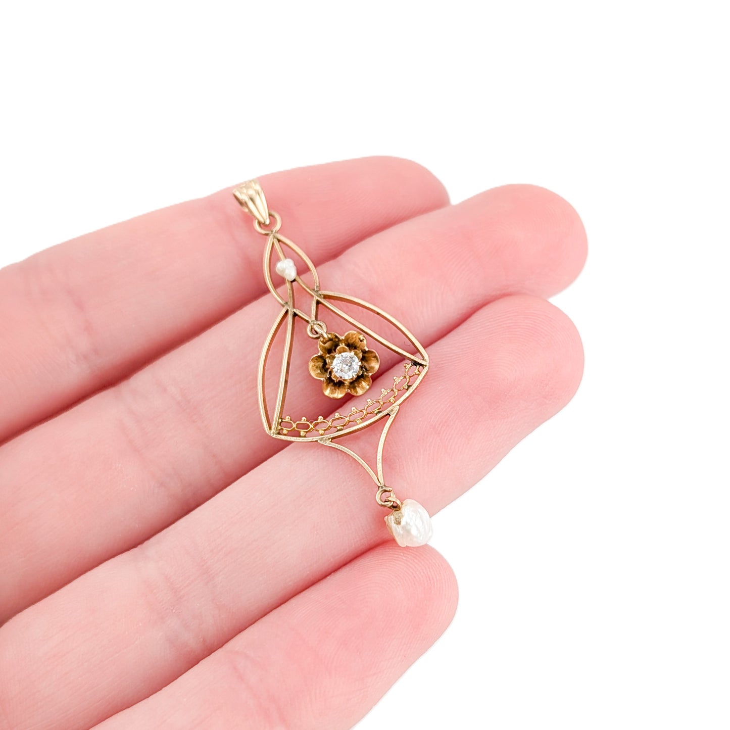 Victorian 10K Gold Diamond & Pearl Floral Lavalier Pendant