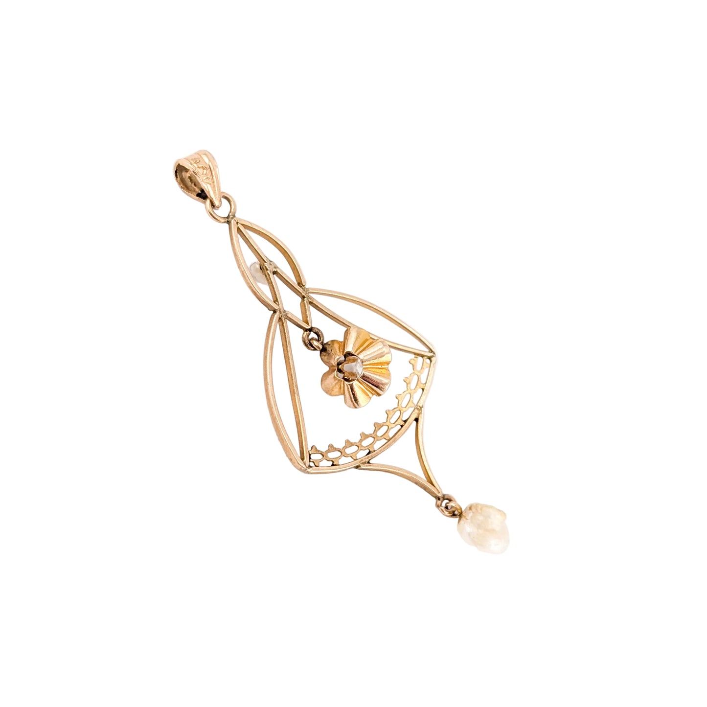 Victorian 10K Gold Diamond & Pearl Floral Lavalier Pendant