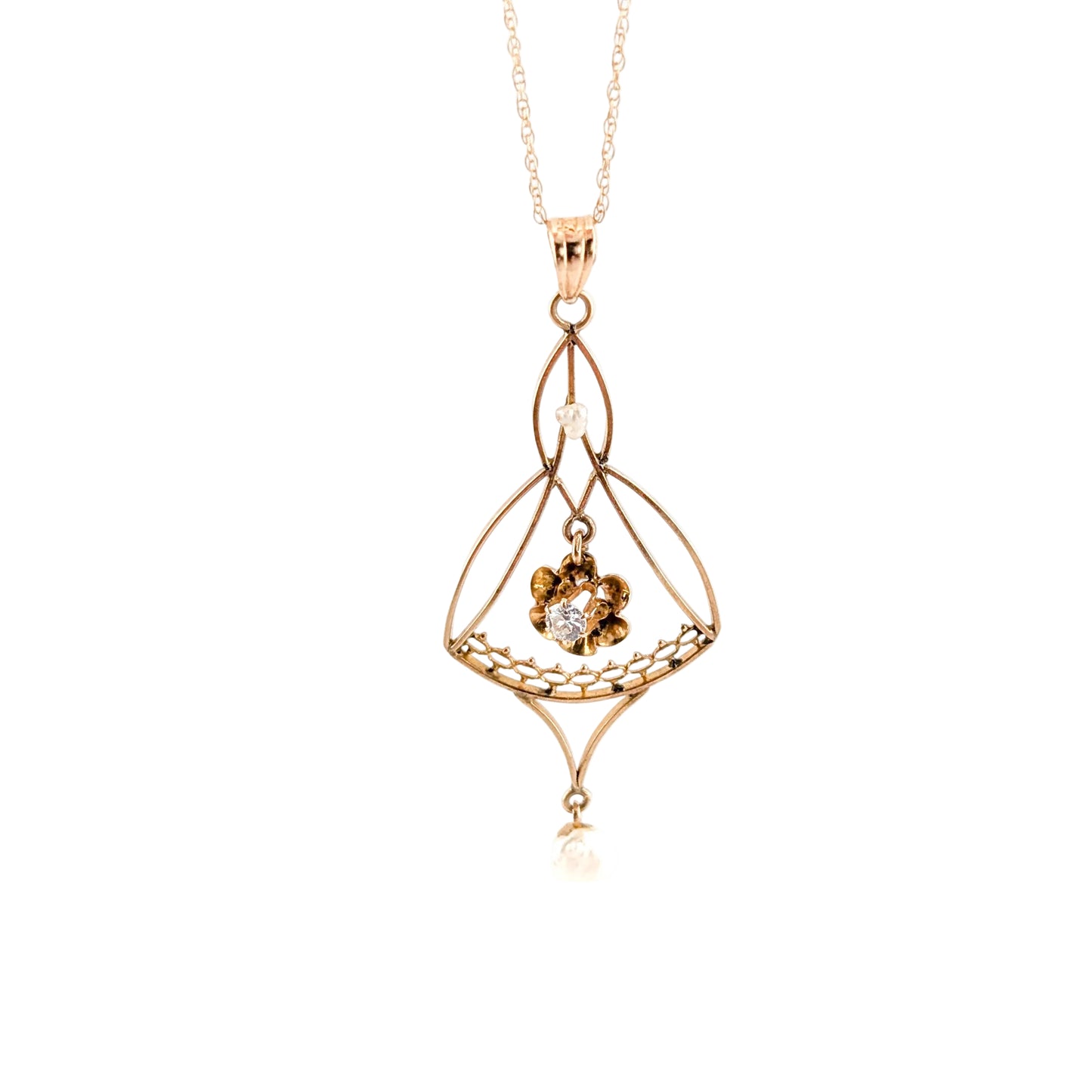 Victorian 10K Gold Diamond & Pearl Floral Lavalier Pendant