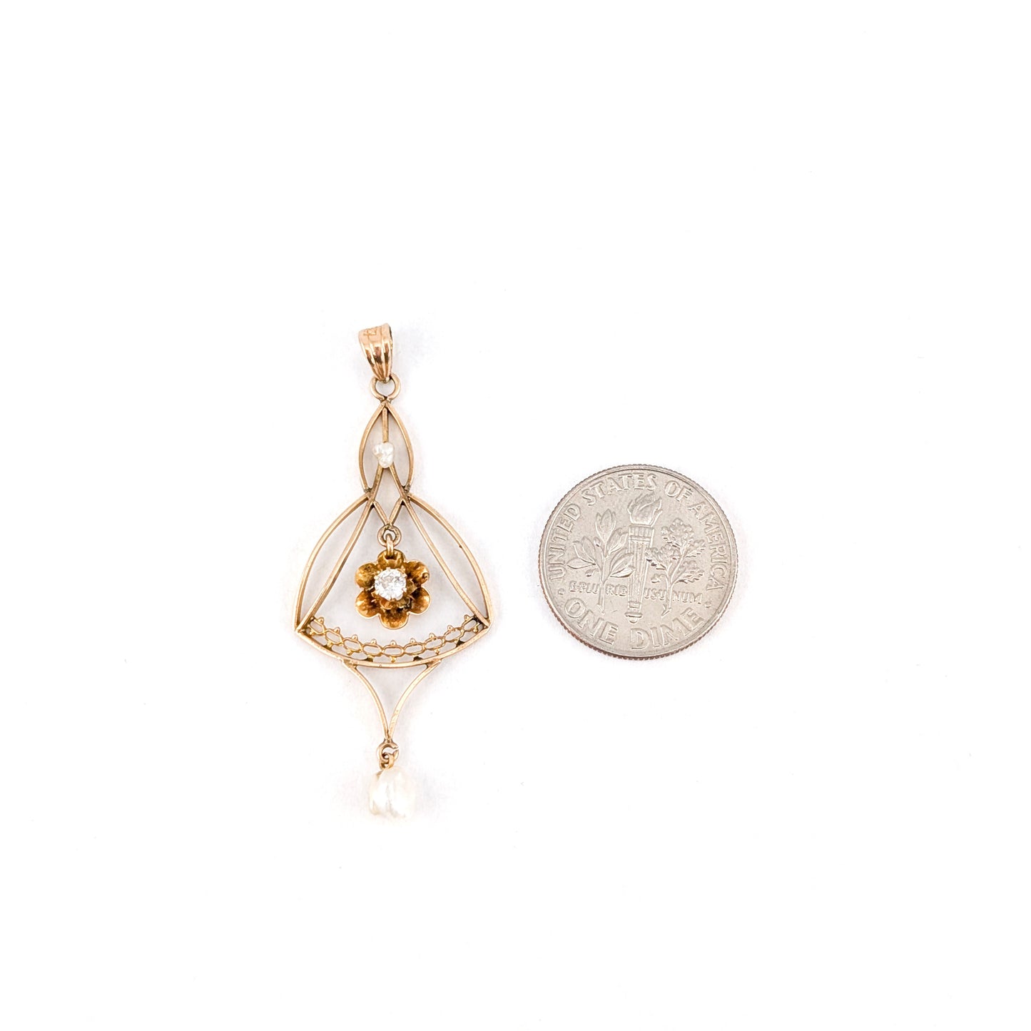 Victorian 10K Gold Diamond & Pearl Floral Lavalier Pendant