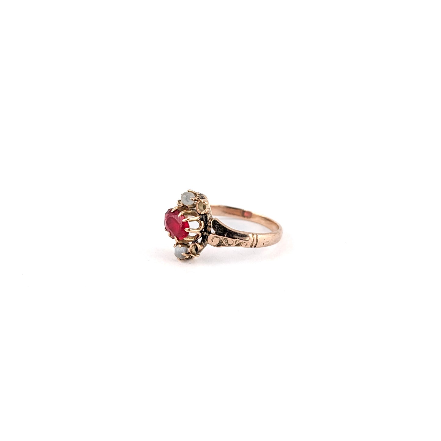 Antique 9K Gold Ring with Red Paste Gemstone and Moonstone Accents
