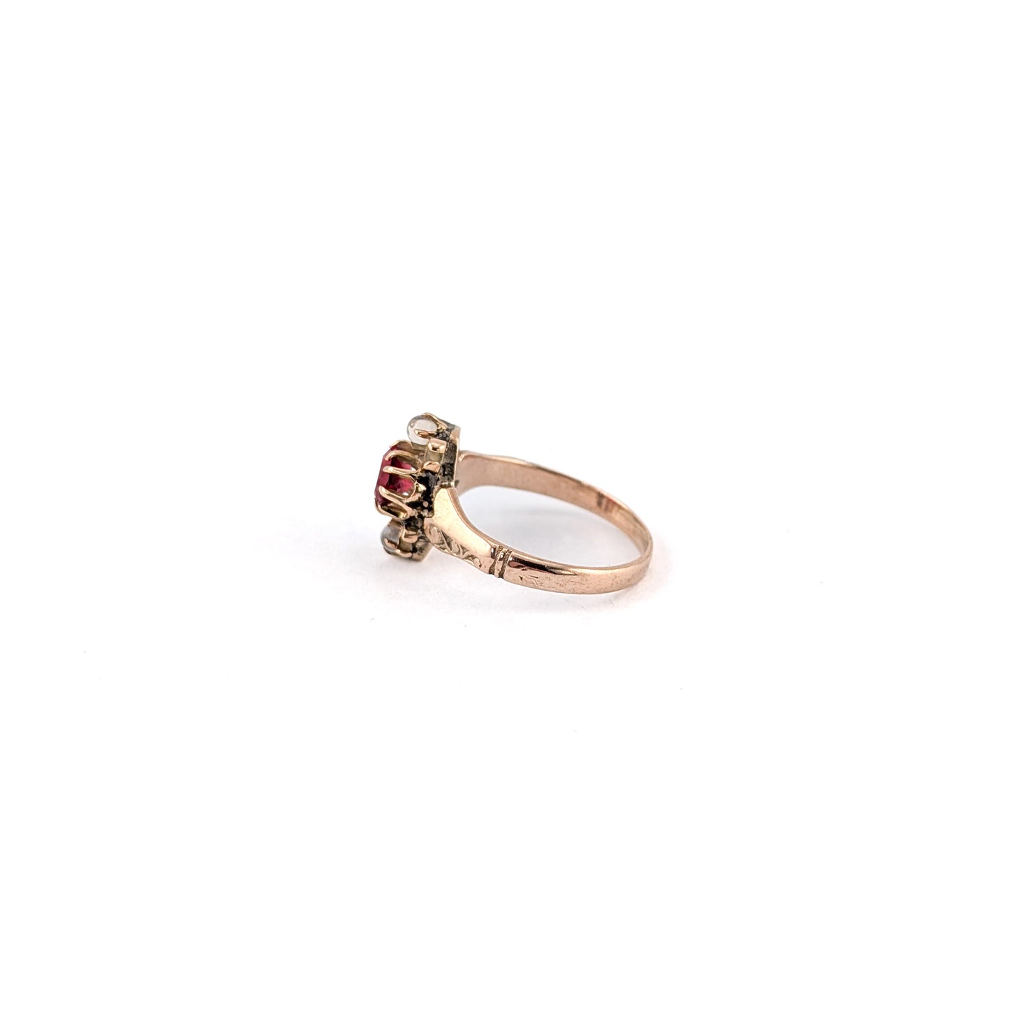 Antique 9K Gold Ring with Red Paste Gemstone and Moonstone Accents