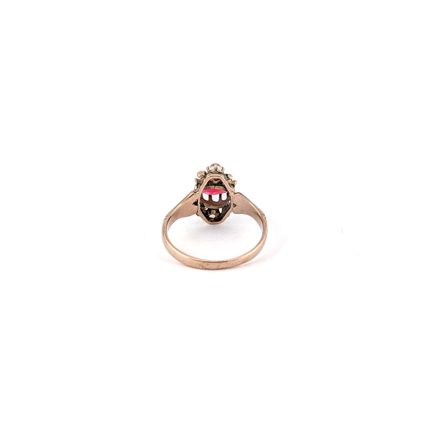 Antique 9K Gold Ring with Red Paste Gemstone and Moonstone Accents