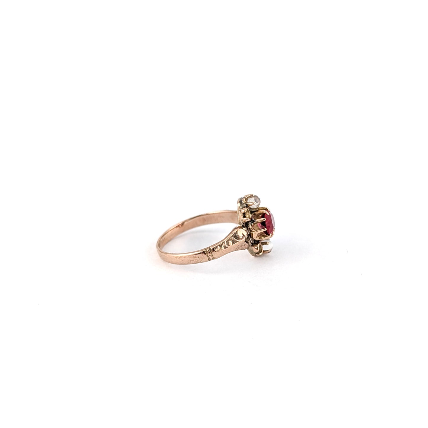 Antique 9K Gold Ring with Red Paste Gemstone and Moonstone Accents