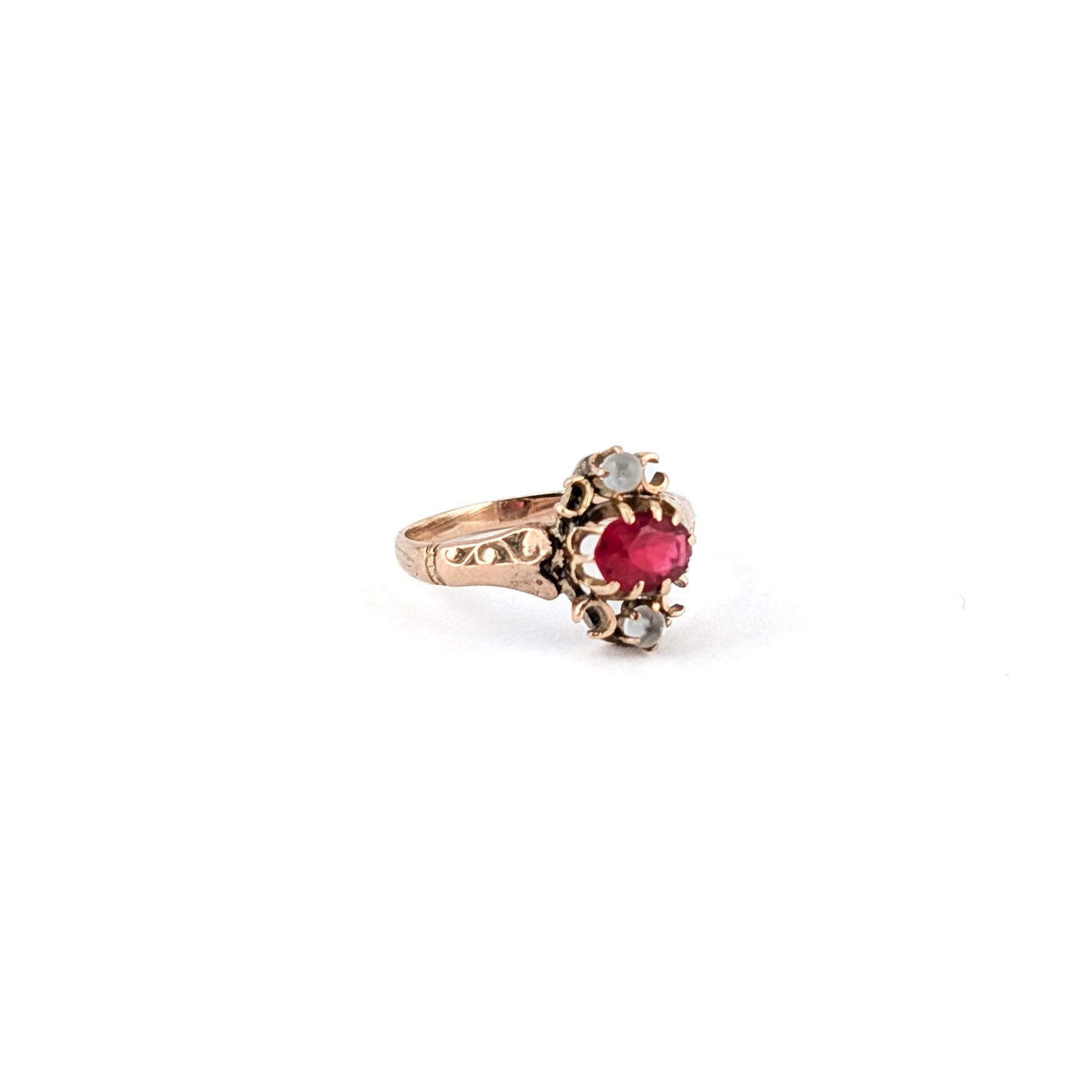 Antique 9K Gold Ring with Red Paste Gemstone and Moonstone Accents