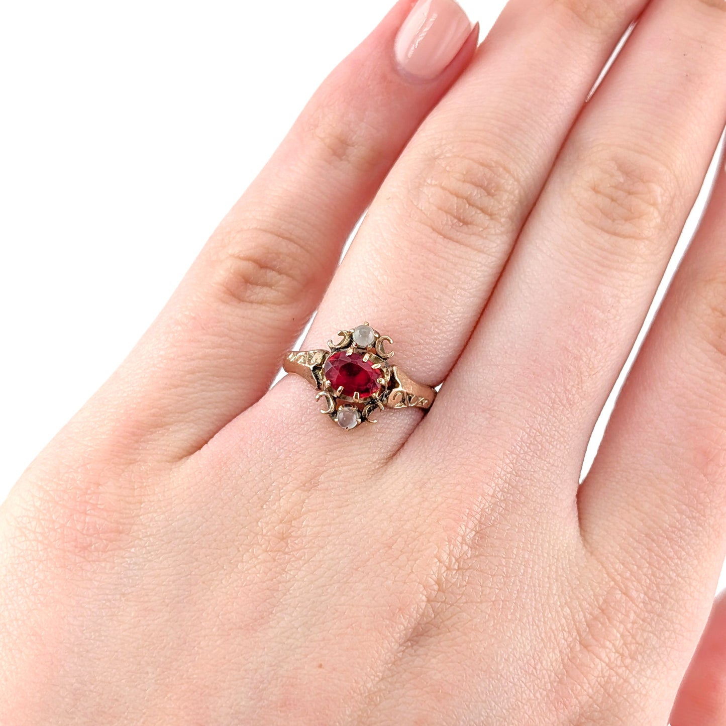 Antique 9K Gold Ring with Red Paste Gemstone and Moonstone Accents