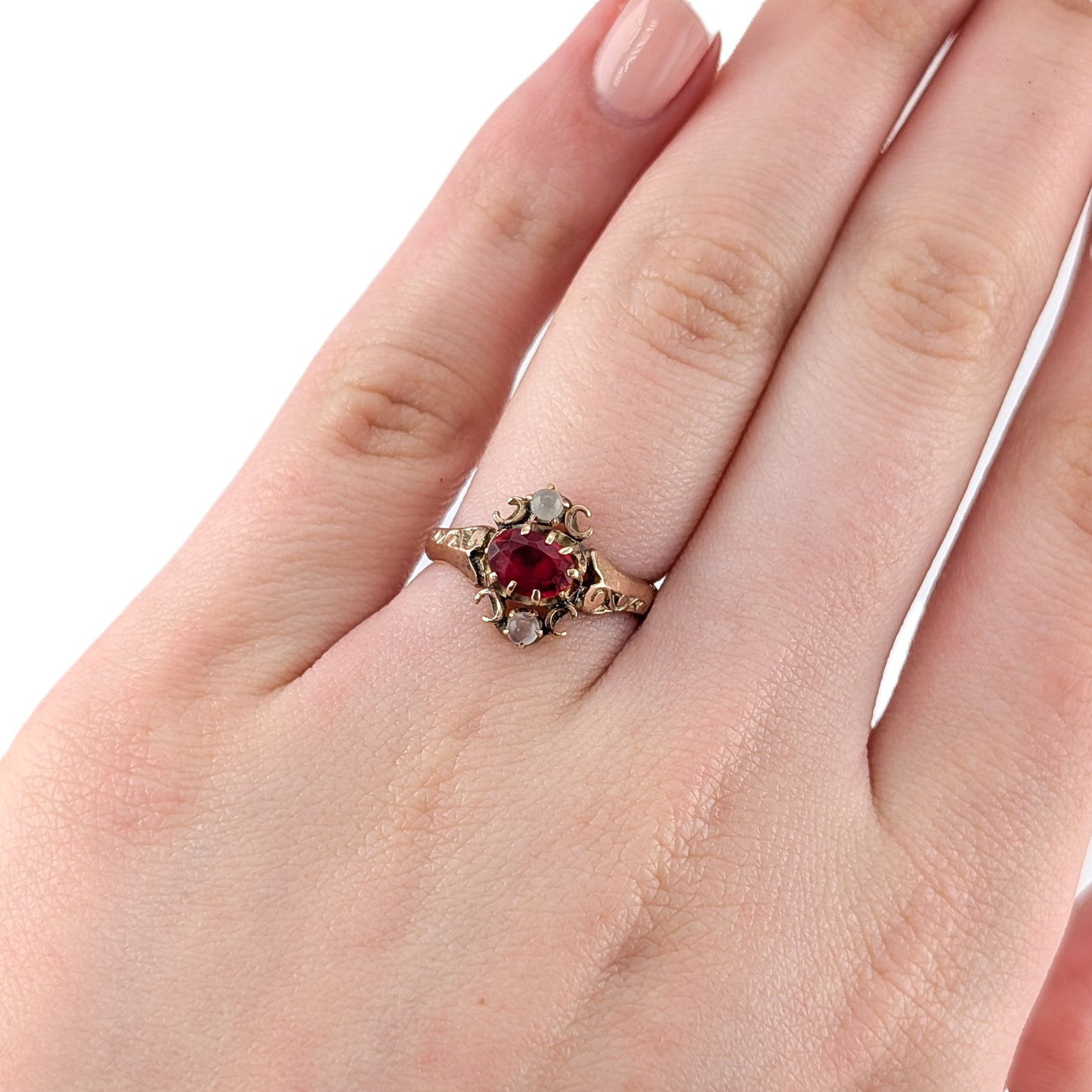 Antique 9K Gold Ring with Red Paste Gemstone and Moonstone Accents