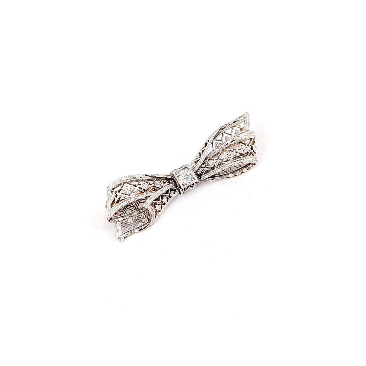 Antique Art Deco 14K Two Tone Gold Old Euro Diamond Bow Brooch – Filigree Openwork