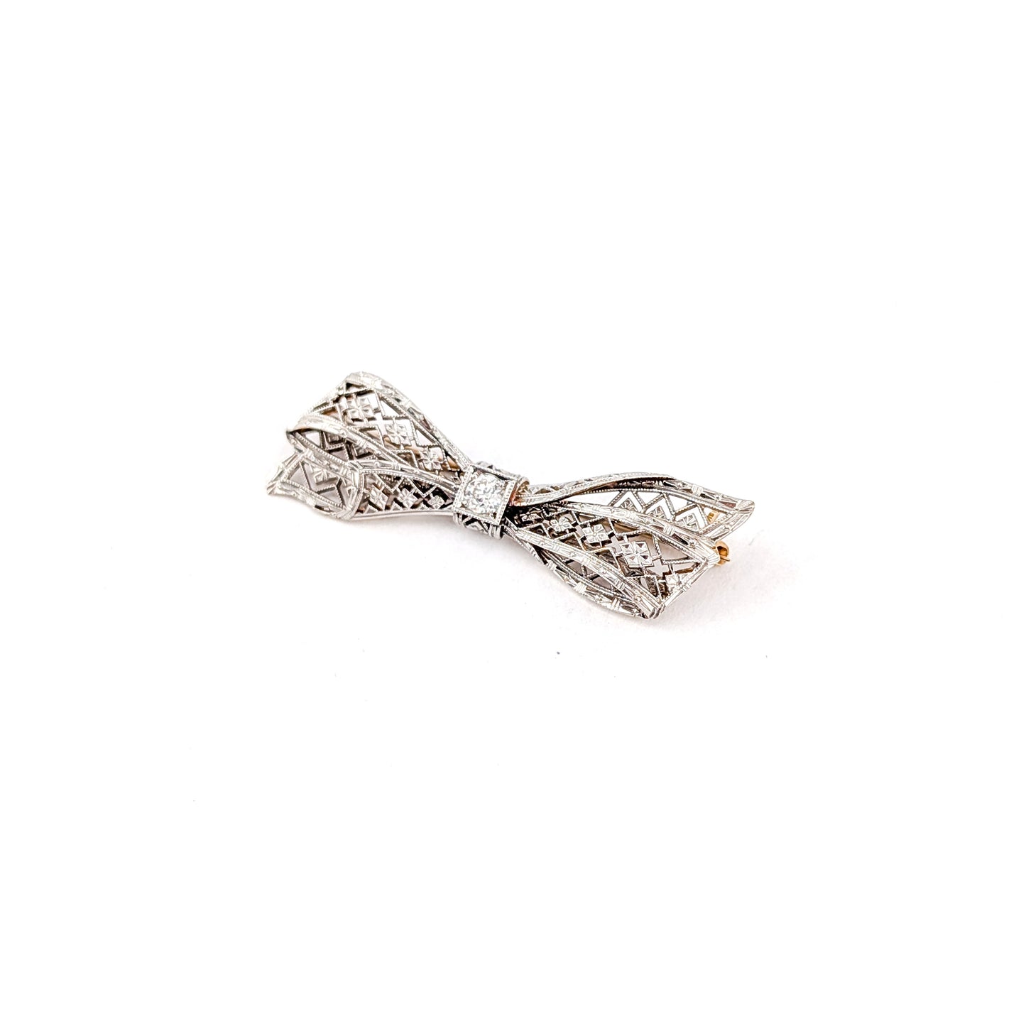 Antique Art Deco 14K Two Tone Gold Old Euro Diamond Bow Brooch – Filigree Openwork