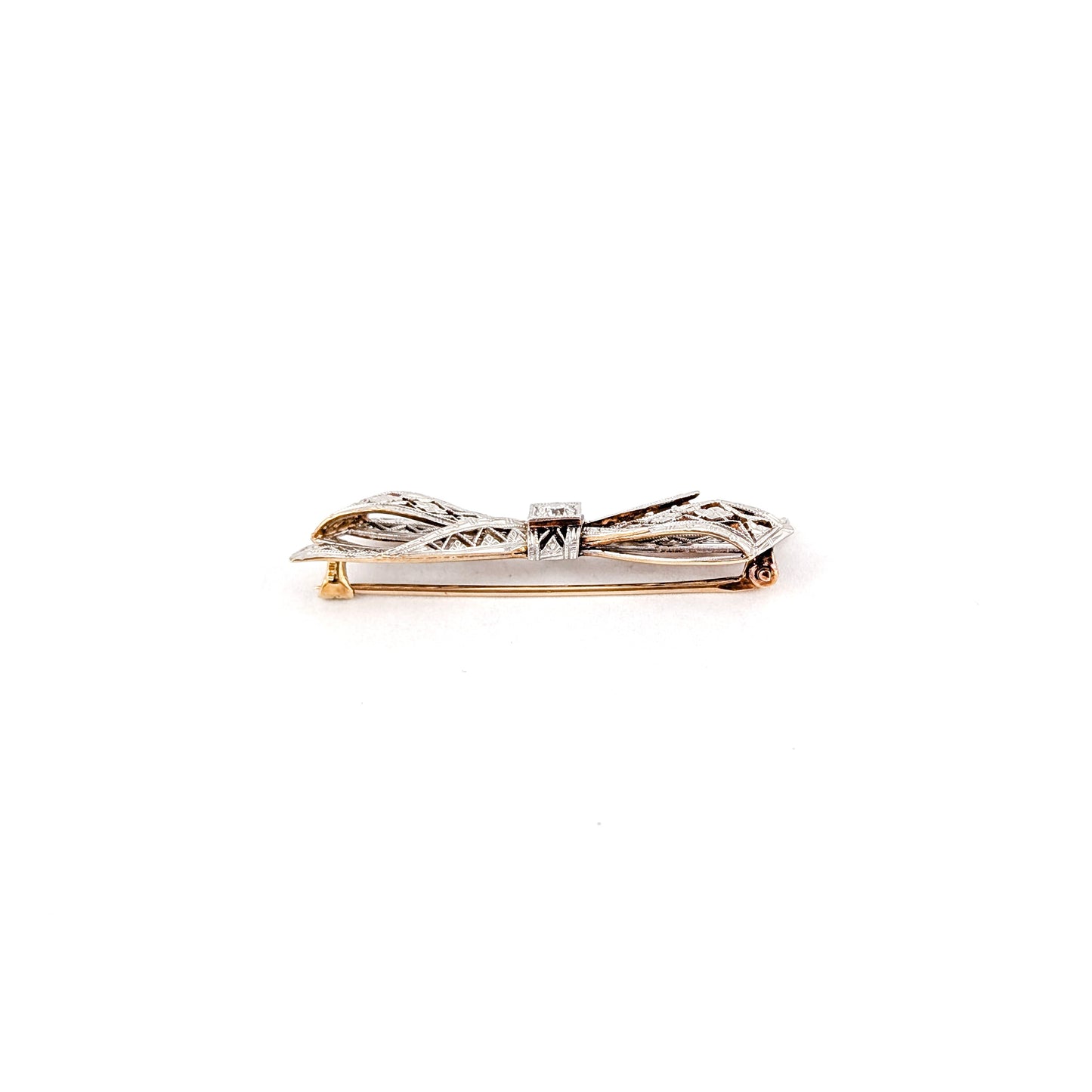 Antique Art Deco 14K Two Tone Gold Old Euro Diamond Bow Brooch – Filigree Openwork