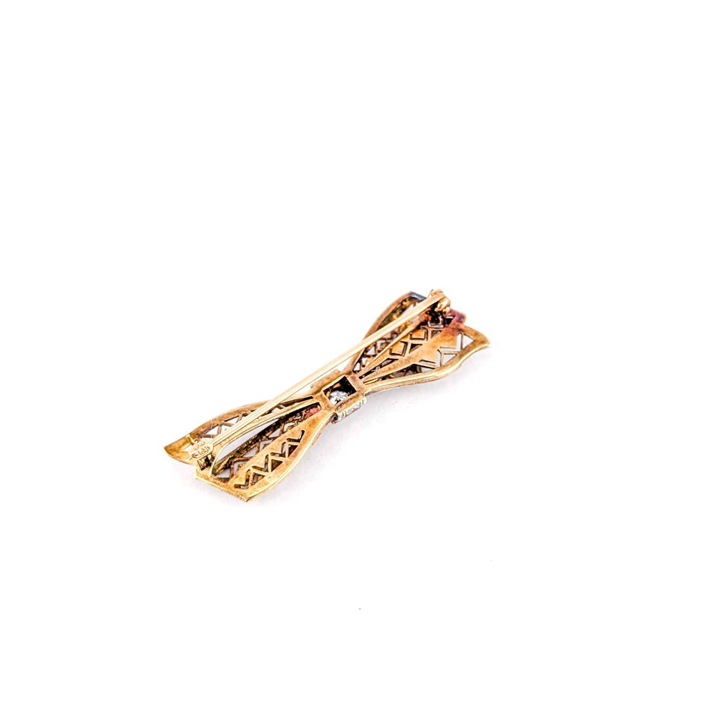 Antique Art Deco 14K Two Tone Gold Old Euro Diamond Bow Brooch – Filigree Openwork