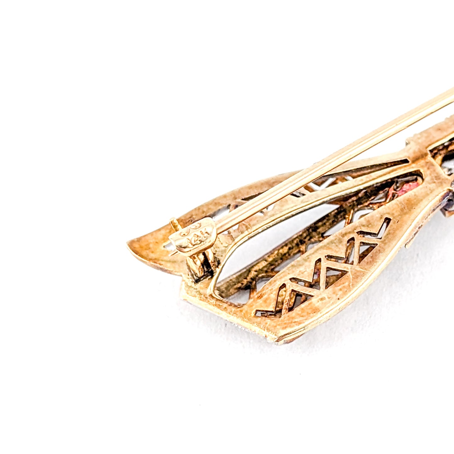 Antique Art Deco 14K Two Tone Gold Old Euro Diamond Bow Brooch – Filigree Openwork