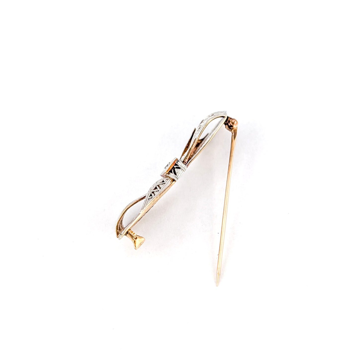 Antique Art Deco 14K Two Tone Gold Old Euro Diamond Bow Brooch – Filigree Openwork