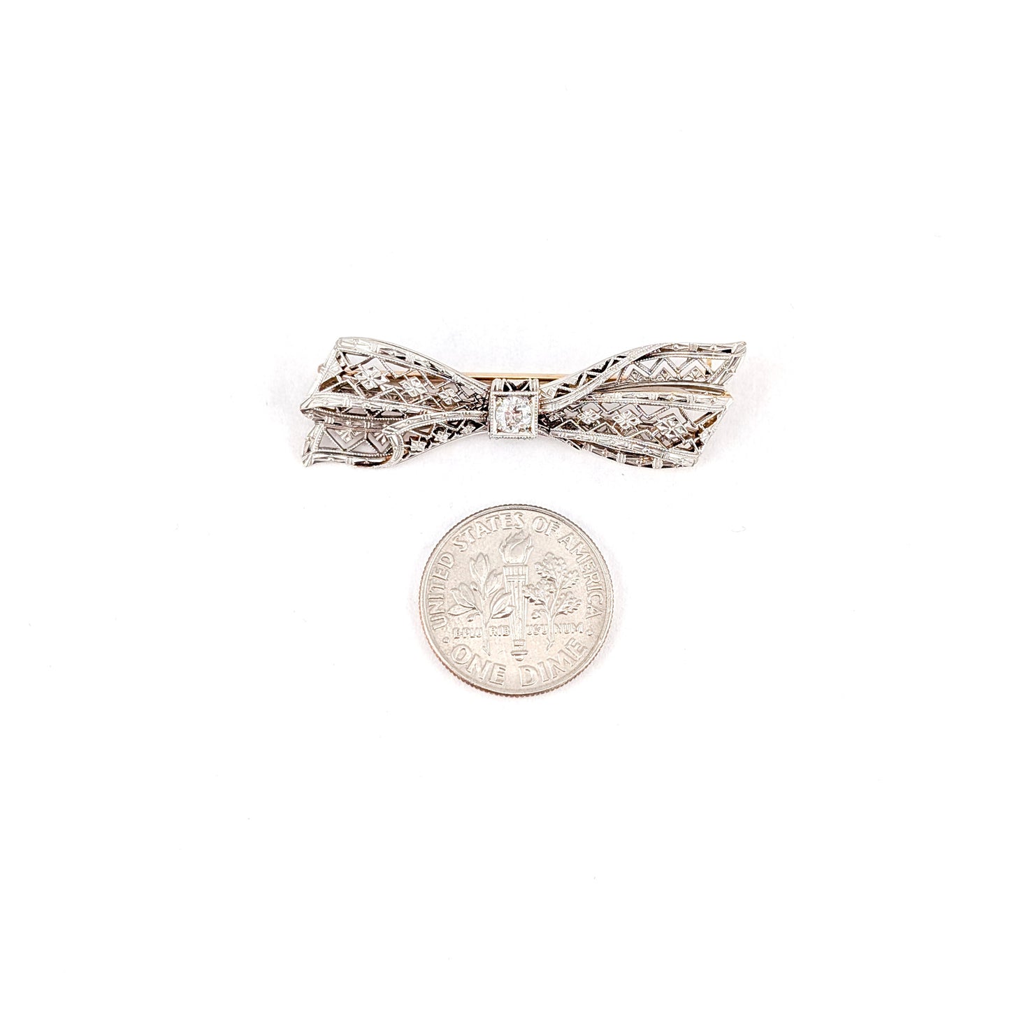 Antique Art Deco 14K Two Tone Gold Old Euro Diamond Bow Brooch – Filigree Openwork