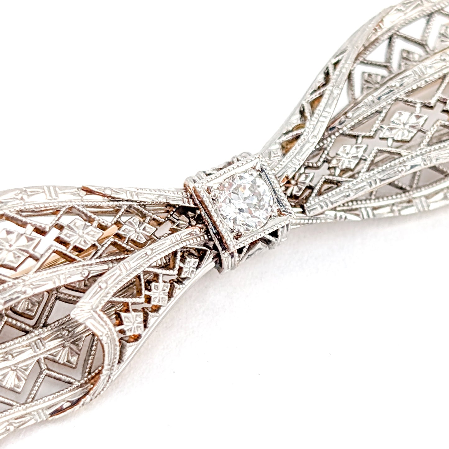 Antique Art Deco 14K Two Tone Gold Old Euro Diamond Bow Brooch – Filigree Openwork