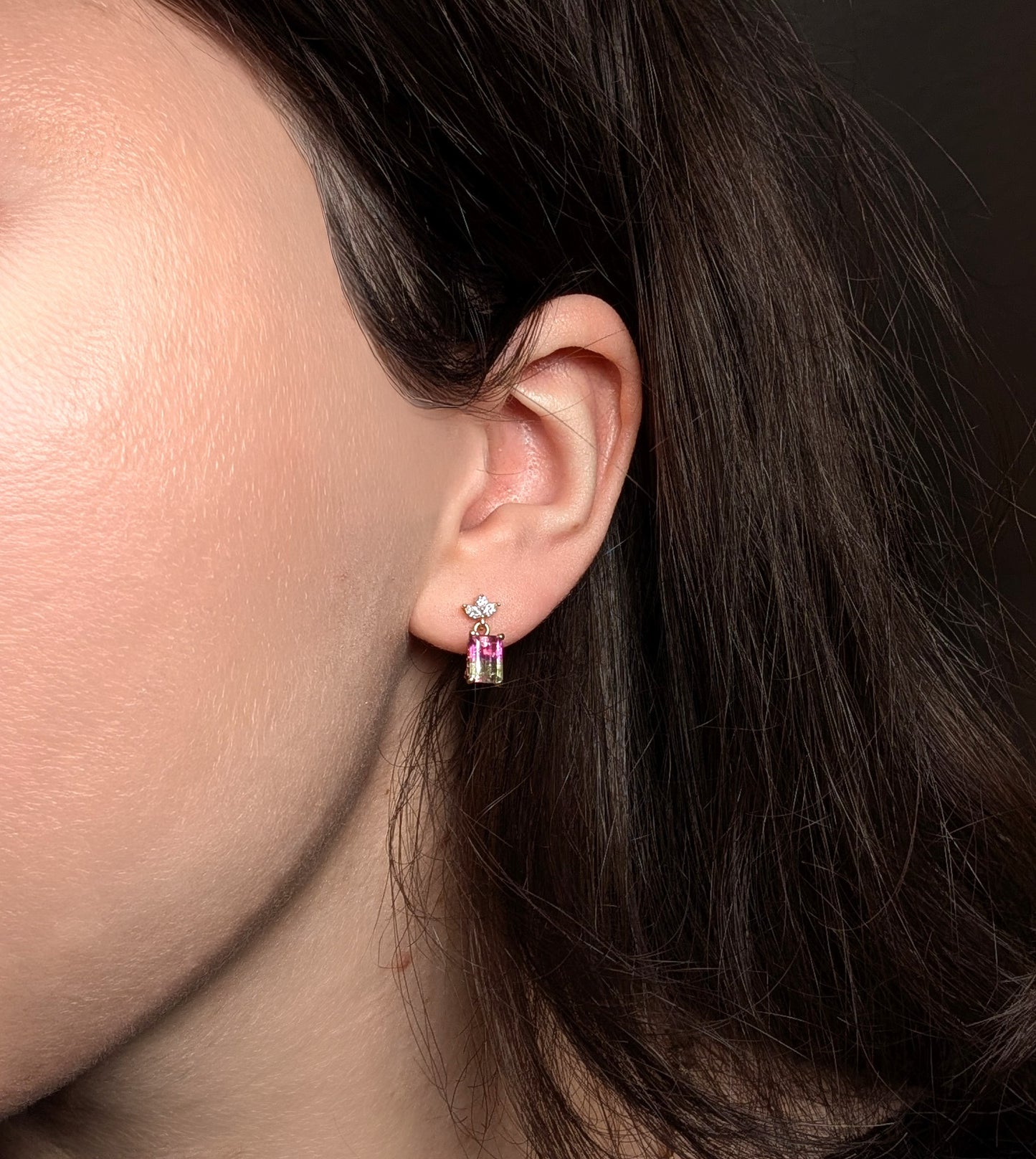 14K Diamond & Watermelon Tourmaline Earrings – Vintage Tourmaline With Newly Crafted Diamond Post