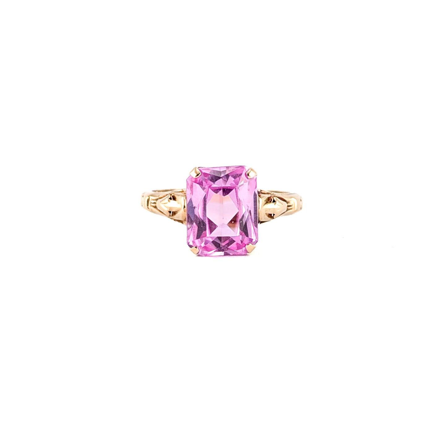 Vintage 10K Gold Pink Sapphire Ring– Emerald Cut Pink Stone Statement Ring