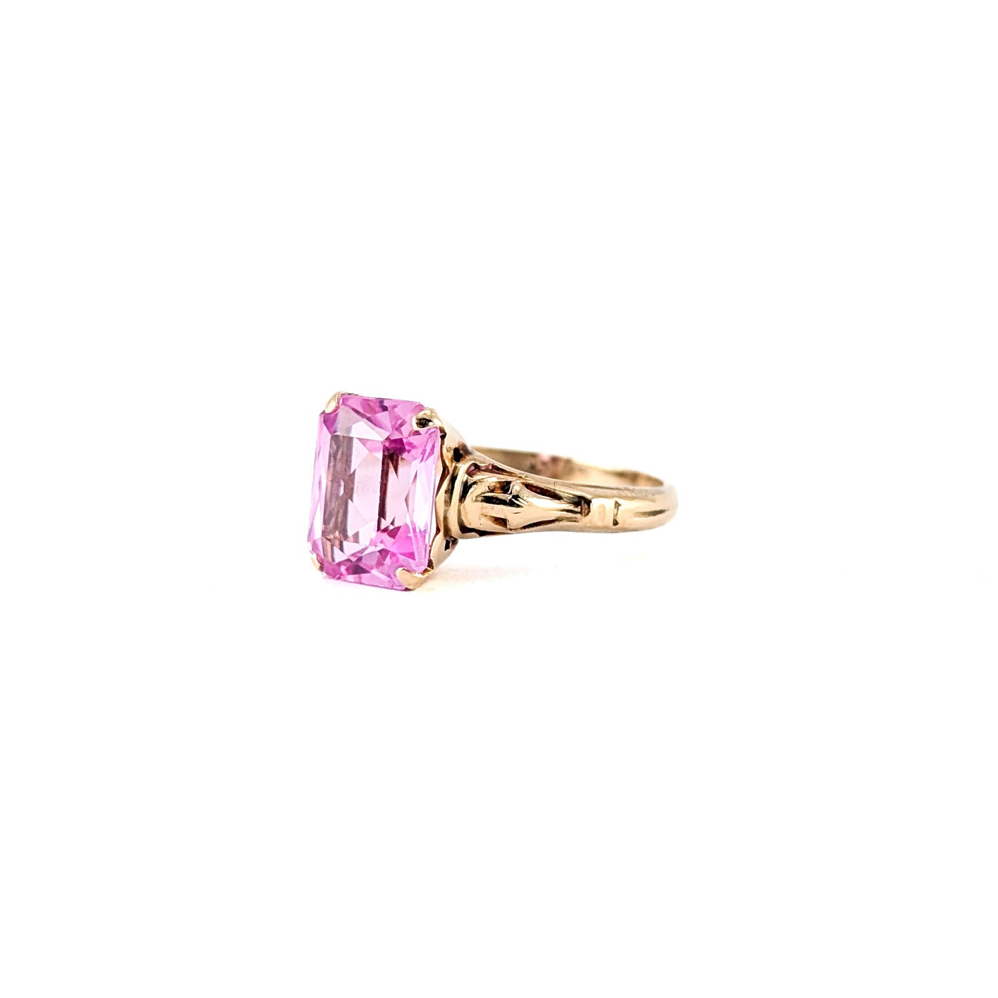 Vintage 10K Gold Pink Sapphire Ring– Emerald Cut Pink Stone Statement Ring